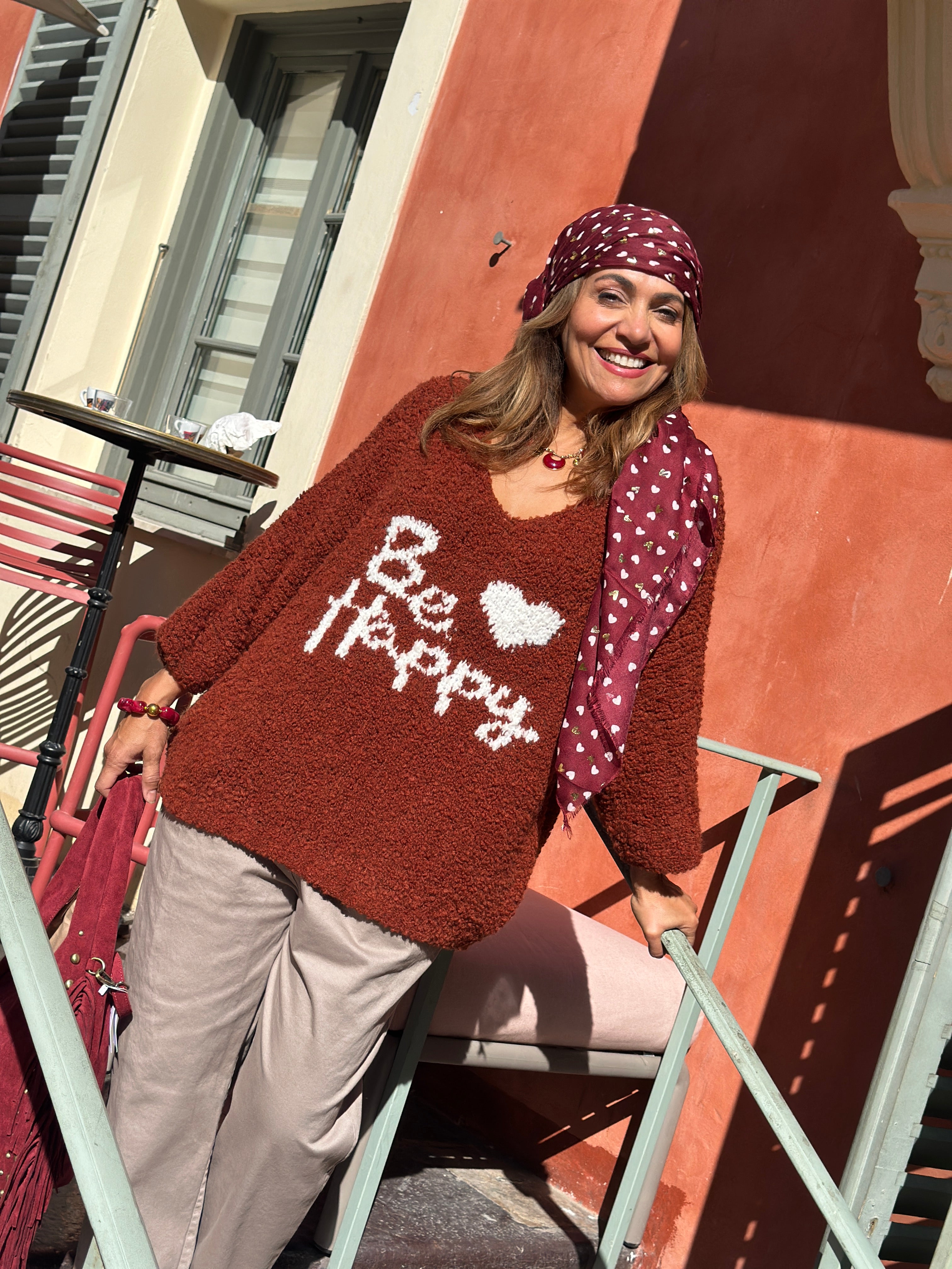 Pull rouille BE HAPPY