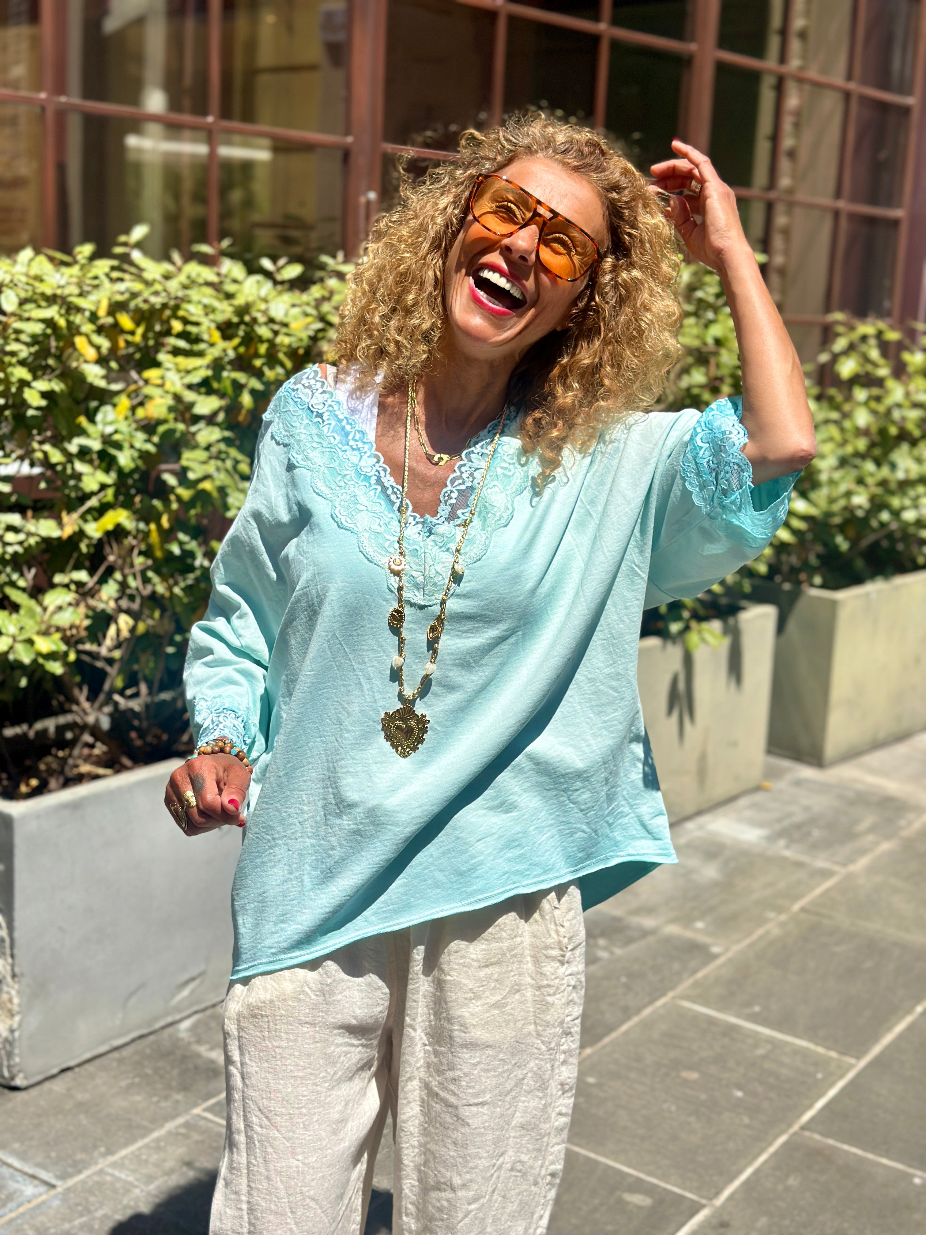 Top turquoise DENTELLE